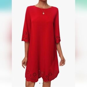 Women's Loose Casual Cutout Round Neck 3/4 Sleeve Midi Dresses Elegant Solid